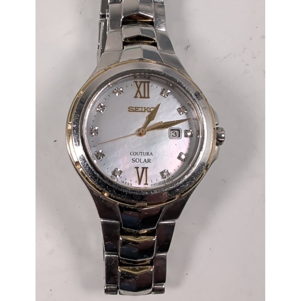 Seiko Coutura Solar V137-0CJ0 Two-Tone MOP Diamond Watch Needs Battery
